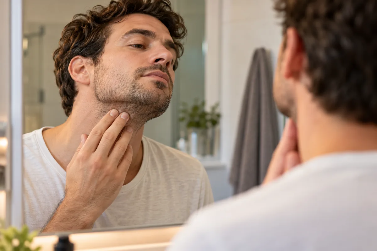 Editorial illustration of a person observing short beard growth beneath the jaw in a mirror.