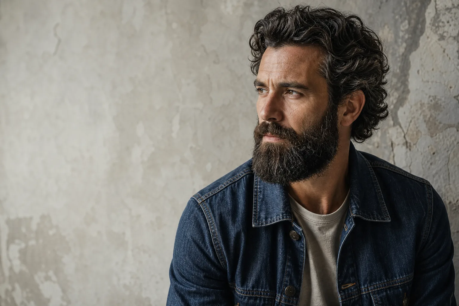 A man with a natural full beard in soft window light