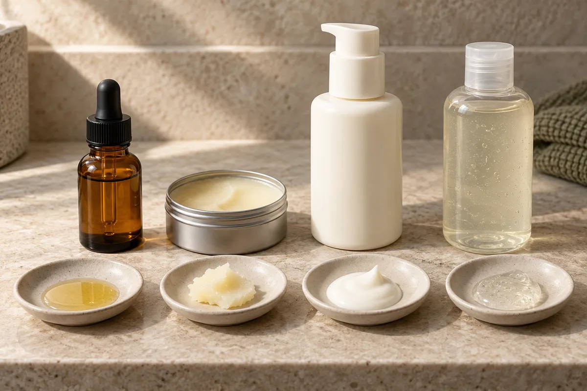 Illustrative unbranded oil, balm, moisturizer and cleanser containers with different product textures.