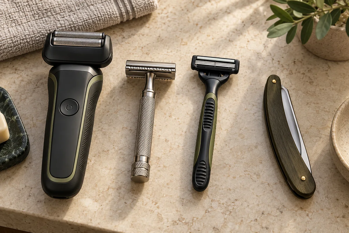Illustrative flat lay of an electric foil shaver, safety razor, cartridge razor, and closed straight razor.