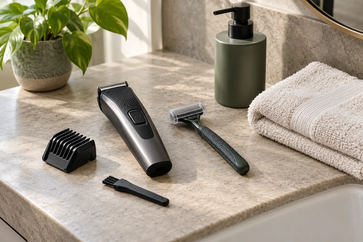 Illustrative clean trimmer, removable guard, covered razor, cleaning brush and dry towel on a counter.