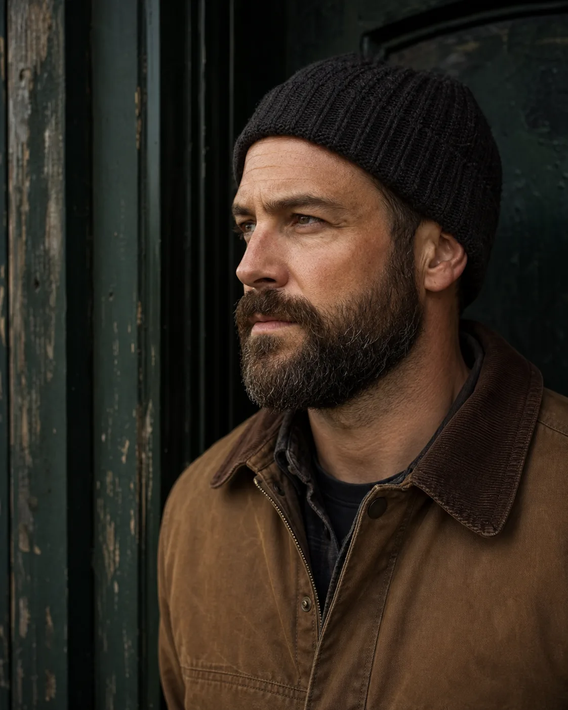 Man with a tidy beard wearing a knit cap and brown jacket